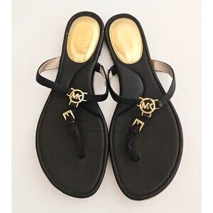 Michael Kors Blk Saffiano Leather Double Buckle Thong Sandals Gold MK Logo 8.5